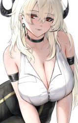 Rule 34 | 1girl, arm strap, bare shoulders, black choker, black horns, black pants, blonde hair, breasts, button gap, choker, cleavage, closed mouth, collarbone, commentary, curled horns, earrings, hair between eyes, highres, horns, jewelry, key earrings, large breasts, light smile, long hair, looking at viewer, mole, mole on breast, mole under eye, pants, red eyes, simple background, solo, white background, wuthering waves, yunareas, zani (wuthering waves)