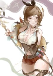 Rule 34 | 1girl, absurdres, arm behind back, atelier (series), atelier ryza, atelier ryza 3, beret, black choker, braid, breasts, brown eyes, brown hair, choker, cleavage, closed mouth, commentary, cowboy shot, cropped jacket, crown braid, hat, highres, holding, holding staff, jewelry, large breasts, looking ahead, majorinring, micro shorts, necklace, off shoulder, red shorts, reisalin stout, short hair, shorts, sleeveless, sleeveless jacket, solo, staff, star (symbol), star choker, star necklace, thick thighs, thighs, white hat