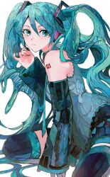 Rule 34 | 1girl, absurdres, closed mouth, detached sleeves, hair between eyes, hatsune miku, highres, kneeling, long hair, miku day, necktie, number tattoo, patterned hair, pleated skirt, shoulder tattoo, skirt, solo, tattoo, thighhighs, twintails, very long hair, vocaloid, white background, yadu nadu