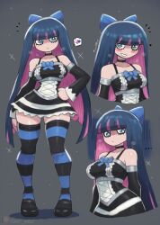 Rule 34 | 1girl, black background, black dress, black hair, black shoes, black thighhighs, blue bow, blue eyes, blush, bow, breasts, choker, collarbone, corset, detached sleeves, dress, gothic lolita, grin, hair bow, hand on own hip, heart, lolita fashion, long hair, long sleeves, looking at viewer, mary janes, medium breasts, multicolored hair, multiple views, panty &amp; stocking with garterbelt, pink hair, shoes, sleeveless, sleeveless dress, smile, sparkle, speech bubble, spoken heart, standing, stocking (psg), striped clothes, striped thighhighs, teeth, thighhighs, tony welt, two-tone hair, upper body, wide hips