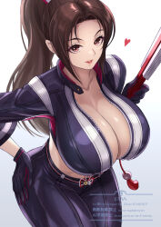 1girl breasts brown_hair cleavage collarbone ema_(emaura) fatal_fury fatal_fury:_city_of_the_wolves heart huge_breasts long_hair looking_at_viewer ponytail shiranui_mai snk solo the_king_of_fighters