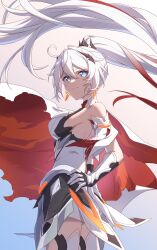 1girl absurdres armor artist_logo bare_shoulders blue_eyes breasts closed_mouth commentary cowboy_shot earrings floating_hair from_side gauntlets hair_ornament highres honkai_(series) honkai_impact_3rd jewelry kiana_kaslana kiana_kaslana_(herrscher_of_flamescion) logo long_hair looking_at_viewer luyue medium_breasts multicolored_hair ponytail signature smile solo streaked_hair thighs very_long_hair