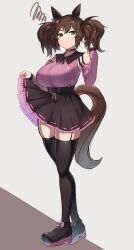 1girl absurdres alternate_costume animal_ears black_shoes black_skirt black_thighhighs bow breasts brown_hair clothes_lift commentary_request detached_sleeves ear_bow full_body green_eyes highres horse_ears horse_girl horse_tail inari_one_(umamusume) jirai_kei large_breasts long_hair pink_shirt saikuu shirt shoes simple_background skirt skirt_lift solo tail thighhighs umamusume very_long_hair white_background