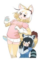 2girls animal_ears black_bow black_bowtie black_gloves blonde_hair blue_sweater blush bow bowtie brown_eyes closed_eyes common_raccoon_(kemono_friends) cowboy_shot elbow_gloves extra_ears fennec_(kemono_friends) fox_ears fox_girl fox_tail fur_trim gloves gradient_gloves grey_gloves hair_between_eyes highres iwa_(iwafish) kemono_friends multiple_girls open_mouth pink_sweater pleated_skirt puffy_short_sleeves puffy_sleeves raccoon_ears raccoon_girl raccoon_tail short_hair short_sleeves sidelocks skirt sweater tail thighhighs white_fur white_hair white_skirt yellow_bow yellow_bowtie yellow_gloves yellow_thighhighs zettai_ryouiki