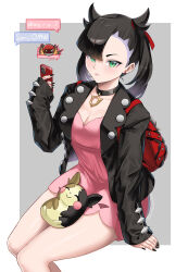 1girl asymmetrical_bangs backpack bag black_choker black_hair black_jacket black_nails blush breasts burnt_green_tea cellphone choker cleavage closed_mouth dress earrings gen_1_pokemon gen_8_pokemon green_eyes hair_ribbon highres holding holding_phone jacket jewelry long_sleeves looking_at_viewer marnie_(pokemon) medium_breasts morpeko morpeko_(full) nintendo phone pink_dress pokemon pokemon_(creature) pokemon_swsh red_ribbon ribbon smartphone thighs twintails voltorb
