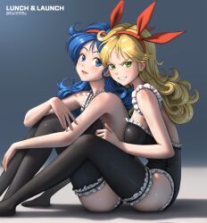 Rule 34 | 2girls, black leotard, black thighhighs, blonde hair, blue eyes, blue hair, breasts, bs9999s, curly hair, dragon ball, dragon ball (classic), dual persona, green eyes, grin, hair ribbon, highres, knees up, leotard, long hair, looking at viewer, lunch (bad) (dragon ball), lunch (dragon ball), lunch (good) (dragon ball), medium breasts, multiple girls, ribbon, sitting, smile, thighhighs