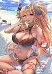 2girls absurdres alternate_costume arm_support beach belt bikini blonde_hair breasts catura_(granblue_fantasy) chair cleavage dark-skinned_female dark_skin draph earrings flower granblue_fantasy hair_flower hair_ornament halterneck highres horn_ornament horn_ribbon horns jewelry kumbhira_(granblue_fantasy) kuyabudz large_breasts layered_bikini leg_ribbon long_hair lounge_chair multicolored_hair multiple_girls navel ocean palm_tree ponytail purple_eyes red_hair ribbon sitting solo_focus streaked_hair swimsuit tanning_oil thigh_ribbon tree very_long_hair