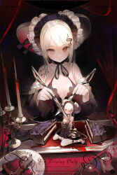 1girl absurdres bare_shoulders bonnet breasts candle flower hair_ornament highres holding long_hair looking_at_viewer original persiaya red_eyes ribbon sitting small_breasts solo wariza white_hair