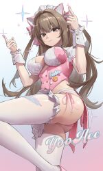 1girl animal_ears bad_tag blush breasts brown_eyes brown_hair cat_ears character_name closed_mouth clothes_writing fake_animal_ears frilled_thighhighs frills girls&#039;_frontline girls&#039;_frontline_2:_exilium jimizuai- k2_(girls&#039;_frontline) large_breasts leg_up long_hair looking_at_viewer official_alternate_costume panties pink_panties side-tie_panties simple_background skindentation smile solo sparkle thighhighs underwear white_background white_thighhighs white_wrist_cuffs wrist_cuffs yoohee_(girls&#039;_frontline_2)