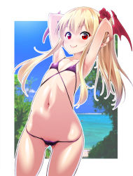 1girl armpits bikini blonde_hair breasts cameltoe covered_erect_nipples fang female_focus gluteal_fold granblue_fantasy head_wings long_hair looking_at_viewer micro_bikini navel red_eyes small_breasts solo swimsuit tomomimi_shimon vampy wings