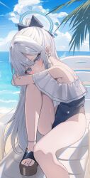 1girl absurdres blue_archive blue_one-piece_swimsuit blue_sky bow casual_one-piece_swimsuit cloud cloudy_sky grey_hair hair_bow halo highres kerno knee_up long_hair miyako_(blue_archive) miyako_(swimsuit)_(blue_archive) ocean off-shoulder_one-piece_swimsuit off_shoulder official_alternate_costume one-piece_swimsuit ponytail purple_eyes sandals sitting sky swimsuit very_long_hair