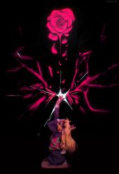 1girl animal_ears antlers apollo_(postingterminal) arched_back arm_up barefoot blonde_hair blood breaking brown_fur checkered_clothes checkered_sweater_vest checkered_vest crying deer_antlers deer_ears deer_girl deer_tail deltarune despair desperation falling_petals flower furry furry_female glowing hand_up highres hooves horns kneeling long_hair looking_up miniskirt noelle_holiday open_mouth outstretched_arm petals pink_blood pink_flower pink_rose reaching red_flower red_rose reindeer_girl rose skirt solo spoilers streaming_tears sweat symbolism tail tears teeth thorns two-tone_sweater_vest upper_teeth_only vest weird_route_(deltarune)