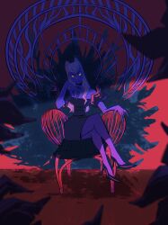 1girl black_dress chair crossed_legs demon_girl dress evelynn_(league_of_legends) glowing glowing_eyes high_heels highres k/da_all_out_evelynn league_of_legends long_hair looking_at_viewer purple_theme red_theme shoo_boo sitting solo the_baddest_evelynn two-tone_theme white_hair yellow_eyes