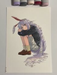 1girl animal_ears art_tools_in_frame black_jacket blazer closed_mouth commentary dappled_sunlight full_body grey_skirt highres jacket knees_to_chest loafers long_hair long_sleeves looking_at_viewer marker marker_(medium) purple_hair rabbit_ears rabbit_girl red_eyes red_shoes reisen_udongein_inaba shiratama_(hockey) shoes signature skirt socks solo squatting sunlight touhou traditional_media very_long_hair white_socks
