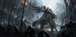 6+boys absurdres armor army cape chinese_commentary dragon_boy dragon_tail duel_monster fire flaming_sword flaming_weapon helmet highres holding holding_sword holding_weapon leo-dont-want-to-be-a-painter male_focus mountain multiple_boys overcast plume rain shoulder_armor sky sword swordsoul_strategist_longyuan tail weapon yu-gi-oh!