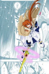 Rule 34 | 00s, 2girls, armor, armored boots, blue eyes, blush, boots, cape, character name, dress, fingerless gloves, full body, gauntlets, gloves, grin, headband, highres, himura kiseki, inline skates, jacket, long sleeves, lyrical nanoha, mach caliber, magical girl, mahou shoujo lyrical nanoha, midriff, multiple girls, open clothes, open jacket, orange hair, purple eyes, raising heart, raising heart (buster mode), red hair, revolver knuckle, rod, roller skates, side ponytail, single fingerless glove, single gauntlet, skates, smile, staff, subaru nakajima, takamachi nanoha, thigh boots, thighhighs, twintails, uniform, waist cape, white devil, white dress
