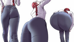 1girl ass ass_focus bent_over braid braided_ponytail chainsaw_man formal_clothes grey_pants highres long_hair makima_(chainsaw_man) multiple_views pant_suit pants red_hair shirt shirt_tucked_in simple_background suit white_background white_shirt yand