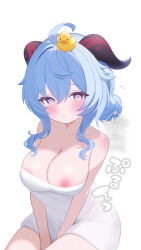1girl :o @_@ absurdres ahoge alternate_hairstyle bare_shoulders between_legs blue_hair blush breasts cleavage collarbone fuminshou_(nekopan_art) ganyu_(genshin_impact) genshin_impact hair_between_eyes hand_between_legs highres large_breasts long_hair looking_at_viewer naked_towel nipples object_on_head purple_eyes rubber_duck simple_background sitting solo towel translation_request white_background