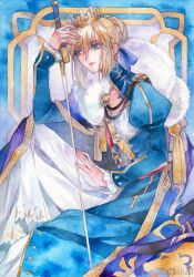 1girl artoria_pendragon_(fate) blonde_hair blue_border blue_cloak blue_dress blue_ribbon border braid cloak crown dress excalibur_(fate/stay_night) eyeshadow fate/grand_order fate/stay_night fate_(series) fur-trimmed_cloak fur_trim gold_crown green_eyes hair_between_eyes hair_bun hair_ribbon highres holding holding_sword holding_weapon juliet_sleeves layered_dress long_hair long_sleeves looking_down looking_to_the_side makeup medieval outside_border pink_lips princess_ailish puffy_sleeves red_eyeshadow red_ribbon ribbon saber_(fate) sidelocks single_braid sitting solo striped_background striped_cloak striped_clothes striped_dress sword vertical-striped_clothes vertical-striped_dress weapon white_background white_dress