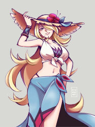 Rule 34 | 1girl, absurdres, artist name, blonde hair, blue sarong, breasts, brown hat, commentary, cynthia (pokemon), cynthia (summer 2025) (pokemon), english commentary, eyelashes, flower, hair over one eye, hat, hat flower, highres, long hair, looking at viewer, navel, nintendo, official alternate costume, pokemon, pokemon masters ex, rinkuu art, sarong, smile, solo, sun hat, very long hair