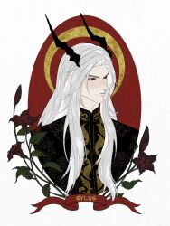 1boy black_horns character_name closed_mouth dragon_boy dragon_horns flower gfmldjszt highres horns lips long_hair looking_afar love_and_deepspace male_focus portrait red_eyes red_flower solo sylus_(abyssal_sovereign)_(love_and_deepspace) sylus_(love_and_deepspace) white_hair