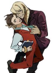 2boys ace_attorney apollo_justice apollo_justice:_ace_attorney black_pants black_shirt black_shoes blonde_hair book bracelet brown_hair clothes_grab earrings green_necktie grin hand_on_another&#039;s_head highres holding holding_book jacket jewelry klavier_gavin lapels layered_sleeves long_sleeves looking_to_the_side male_focus multiple_boys necktie necktie_grab neckwear_grab notched_lapels one_eye_closed open_mouth pants piercing purple_jacket red_pants red_vest shirt shoes sideways_glance simple_background smile sotenborii suit_jacket teeth vest white_background white_shirt