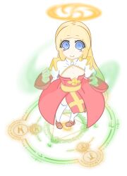 1girl arch_bishop_(ragnarok_online) arched_bangs blonde_hair blue_eyes blush_stickers breasts brown_shoes cleavage_cutout closed_mouth clothing_cutout commentary_request cross dress full_body halo highres juliet_sleeves loafers long_hair long_sleeves looking_at_viewer magic magic_circle orange_halo puffy_sleeves ragnarok_iris ragnarok_online red_dress sash shoes simple_background small_breasts smile solo standing standing_on_magic_circle thighhighs two-tone_dress white_background white_dress white_thighhighs yellow_sash