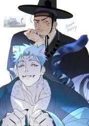 Rule 34 | 2boys, animal ears, aqua hair, black hanbok, black nails, blue hair, collarbone, colored sclera, derpy (kpop demon hunters), facial hair, facial tattoo, fangs, fangs out, gat (hat), goatee stubble, hanbok, hat, kagi art, korean clothes, korean traditional hair ornament, korean traditional hat, kpop demon hunters, male focus, multiple boys, muscular, muscular male, mustache stubble, open clothes, parted lips, short hair, stubble, sussie (kpop demon hunters), tail, tattoo, tiger boy, tiger ears, tiger tail, too many eyes, yellow eyes, yellow sclera