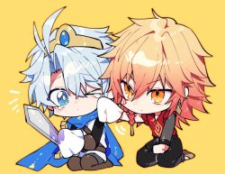 Rule 34 | 2boys, antenna hair, arm tattoo, bl tarock, black pants, blonde hair, blue cape, blue eyes, braid, cape, crown, earrings, facial tattoo, gold earrings, gradient hair, hair between eyes, handkerchief, holding, holding handkerchief, holding sword, holding weapon, honkai: star rail, honkai (series), jewelry, male focus, medium hair, multicolored hair, multiple boys, mydei (honkai: star rail), official alternate costume, one eye closed, pants, phainon (honkai: star rail), red hair, red shirt, red tattoo, shirt, short hair, side braid, simple background, sleeveless, sleeveless shirt, sword, tattoo, tears, weapon, white hair, white shirt, wiping tears, yellow background, yellow eyes