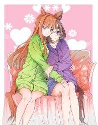 Rule 34 | 2girls, :o, animal ears, bare legs, brown hair, chair, green eyes, heart, highres, horse ears, horse girl, horse tail, hug, long hair, multiple girls, open mouth, orange hair, pajamas, pillow, purple eyes, reishi (litvyak), short hair, silence suzuka (umamusume), sitting, smile, special week (umamusume), tail, umamusume, yuri