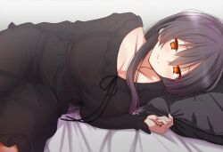 1girl bed black_hair black_panties breasts commission covered_erect_nipples jewelry large_breasts long_hair looking_at_viewer lying miracle_tou no_bra on_side orange_eyes pajamas panties pillow pixiv_commission rance_(series) ring see-through_clothes smile solo tori_(minamopa) underwear wedding_ring