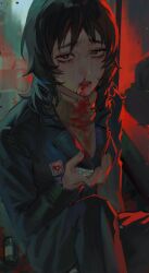 1girl absurdres anya_(mouthwashing) black_hair blood blood_from_mouth blood_on_clothes blue_jumpsuit cigma glitch highres holding holding_pill implied_suicide jumpsuit long_sleeves looking_at_viewer medium_hair mouthwashing nosebleed parted_lips pill_bottle red_pupils sitting solo turtleneck