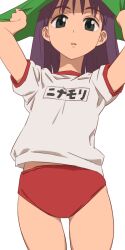 1girl aonori_misuji buruma flcl green_eyes green_hat hairband hat long_hair looking_at_viewer ninamori_eri purple_hair simple_background solo white_background