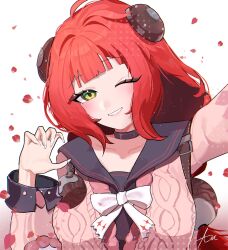 1girl angry4rtist black_choker black_sailor_collar bow breasts cardigan choker claw_pose commentary green_eyes grin hair_ornament highres long_hair long_sleeves looking_at_viewer pink_cardigan red_hair red_petals sailor_collar simple_background smile solo ukinami_yuzuha upper_body white_background white_bow white_nails zenless_zone_zero