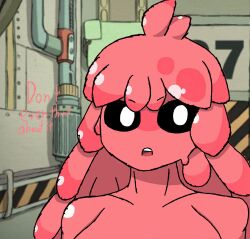 Rule 34 | 1girl, breasts, dialogue box, highres, its archvile, lobotomy corporation, medium breasts, melting love, monster girl, project moon, red hair, slime (creature), slime girl, teeth, upper body, white eyes