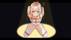 1girl ahoge arms_behind_back bdsm blonde_hair blue_bra bondage bondoinc bound bra breast_bondage breasts cameltoe collarbone crotch_rope frogtie green_eyes medium_breasts navel original panties restrained shibari shibari_over_clothes sitting skindentation solo stomach sweatdrop thighhighs thighs twintails underwear wariza white_panties white_thighhighs
