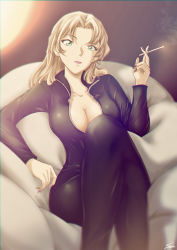 1girl black_bodysuit black_nails blonde_hair bodysuit breasts cigarette cleavage closed_mouth collarbone crossed_legs green_eyes hair_intakes highres holding holding_cigarette large_breasts lipstick long_hair looking_at_viewer makeup meitantei_conan nail_polish partially_unzipped signature sitting smoke smoking solo sooma4869 vermouth_(meitantei_conan)
