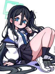 1girl absurdly_long_hair aqua_halo aris_(blue_archive) arm_support black_hair black_hairband black_skirt black_socks blue_archive blue_necktie collared_shirt eating_hair hair_between_eyes hairband halo jacket ji_heeeeeee knees_up long_hair long_hair_between_eyes necktie one_side_up pleated_skirt rectangular_halo shirt shoes simple_background skirt socks solo very_long_hair white_background white_jacket white_shoes