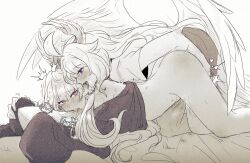 2girls bad_link blush closed_eyes clothed_female_nude_female ear_licking enna_alouette fingering head_wings highres hugging_object licking mpinfandom multiple_girls nijisanji nijisanji_en nude orgasm pillow pillow_bite pillow_hug reimu_endou tongue tongue_out twitching virtual_youtuber wings yuri
