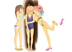 3girls ahoge barefoot bikini black_hair blonde_hair blue_bikini blue_hair blue_one-piece_swimsuit breasts cleavage colored_inner_hair commentary drill_hair drill_ponytail eyewear_on_head flip-flops flower full_body furrowed_brow girl_sandwich green_bikini hair_flower hair_ornament hand_on_own_arm hands_on_another&#039;s_shoulders happy heart heart-shaped_eyewear heart_necklace high_heel_sandals hozuki_kaede jewelry large_breasts long_hair looking_at_another medium_breasts multicolored_hair multiple_girls necklace old_school_swimsuit one-piece_swimsuit onii-chan_wa_oshimai! oyama_mahiro oyama_mihari pakio pink_hair ponytail sandals sandwiched school_swimsuit shaded_face siblings simple_background sisters small_breasts smile standing sunglasses swimsuit symbol-only_commentary tearing_up wavy_mouth white_background