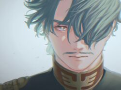 Rule 34 | 1boy, challia bull, facial hair, green eyes, green hair, grey background, grey hair, gundam, gundam gquuuuuux, hair over one eye, jacket, looking at viewer, male focus, military jacket, military uniform, mustache, portrait, short hair, simple background, solo, yugi mt