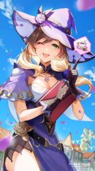 1girl absurdres black_gloves blue_sky book breasts brown_hair building capelet chocolate cleavage commentary_request cup day dress falling_petals flower genshin_impact gloves green_eyes hair_flower hair_ornament hair_over_shoulder hat hat_belt hat_flower highres holding holding_book inset large_breasts lisa_(genshin_impact) long_hair low_neckline multicolored_dress muri_(pan&#039;ichi_murimuri_geinin) one_eye_closed open_mouth outdoors petals purple_capelet purple_flower purple_hat purple_rose rose sky solo teacup windmill witch witch_hat