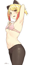 1girl absurdres animal_ears arm_up armpits blonde_girl_(cloba) blonde_hair bra bra_lift breasts bright_pupils brown_eyes cloba cowboy_shot dated from_side highres lifting_own_clothes navel nipple_slip nipples open_mouth original panties panties_under_pantyhose pantyhose pink_bra pink_panties ponytail short_ponytail sidelocks signature simple_background small_breasts solo stomach underwear underwear_only white_background white_pupils