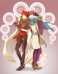 Rule 34 | 2boys, \m/, alchemist (ragnarok online), animal ears, arm around shoulder, black pants, blue cape, boots, brown boots, brown capelet, brown gloves, brown hair, brown pants, cape, capelet, cat boy, cat ears, closed mouth, commentary request, full body, gloves, gold trim, long sleeves, looking at viewer, male focus, multiple boys, one eye closed, open mouth, orange eyes, pants, poring, ragnarok online, red hair, red shirt, shirt, short hair, slime (creature), smile, stand hong, standing, vanilmirth (ragnarok online), white cape, wizard (ragnarok online), yellow eyes