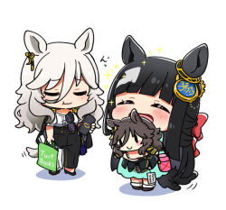 alternate_costume alternate_hair_color animal_ears black_hair blush character_doll chibi chrono_genesis_(umamusume) closed_eyes commentary_request doll grey_hair hair_between_eyes hair_ornament horse_ears horse_tail kni open_mouth perry_steam_(umamusume) ribbon simple_background tail tail_wagging umamusume umamusume:_beginning_of_a_new_era wallet white_background