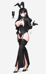 1girl animal_ears black_choker black_gloves black_jacket black_leotard black_shirt blush breasts choker classy-black-haired_girl_(hayabusa) closed_mouth clothing_cutout collared_shirt commentary earrings fake_animal_ears full_body gloves half_gloves hayabusa_(vert_320) high_heels highres jacket jewelry large_breasts leotard long_hair long_sleeves looking_at_viewer mole mole_on_breast mole_under_eye mole_under_mouth navel navel_cutout open_clothes open_jacket original parted_lips playboy_bunny purple_eyes rabbit_ears shirt simple_background smile solo standing