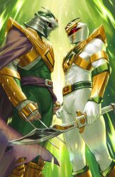 2boys arm_guards armor belt bodysuit boots cape crossover dragon_ranger ejikure gloves gold_armor gold_trim green_bodysuit helmet highres holding holding_sword holding_weapon horns lord_drakkon mask mighty_morphin_green_ranger mighty_morphin_power_rangers multiple_boys power_rangers power_rangers_(boom!_studios) purple_cape red_eyes shoulder_armor shredder_(tmnt) sword teenage_mutant_ninja_turtles tokusatsu weapon white_bodysuit
