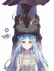 Rule 34 | 3girls, :/, absurdres, bare shoulders, black skin, breast rest, breasts, breasts on head, colored skin, dark-skinned female, dark skin, dress, duchess (elden ring), earrings, elden ring, elden ring nightreign, family guy death pose (meme), flower wreath, gameplay mechanics, hat, hat over eyes, highres, huge breasts, jewelry, large hat, linhcoris, long hair, looking at viewer, meme, multiple girls, purple hat, recluse (elden ring), revenant (elden ring), smile, strapless, strapless dress, very dark skin, very long hair, white hair, witch, witch hat