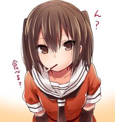 10s 1girl brown_eyes brown_hair elbow_gloves female_focus food gloves gradient_background hair_between_eyes ica kantai_collection leaning_forward looking_at_viewer mouth_hold neckerchief pocky school_uniform sendai_(kancolle) serafuku short_hair short_sleeves solo translated two_side_up upper_body