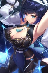 1girl absurdres armpits arms_up ass bead_choker black_hair blunt_bangs breasts chinese_clothes cleavage coat coat_on_shoulders commentary_request dice eiryu33 from_above genshin_impact green_eyes highres large_breasts long_sleeves looking_at_viewer looking_up mole mole_on_breast parted_lips short_hair sidelocks sleeveless smile solo stretching string vision_(genshin_impact) yelan_(genshin_impact)